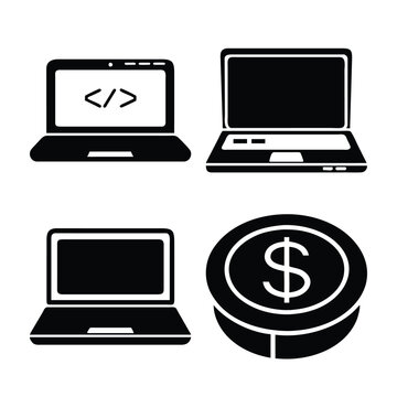 Laptop and money icons vector set with coding laptop, blank screen, open screen, dollar coin.