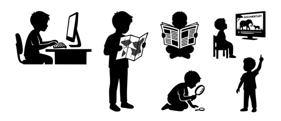 Children learning set silhouettes, curious kids studying and exploring activities, computer research, reading map, newspaper and watching documentary, educational development icons isolated on white b © Fernando