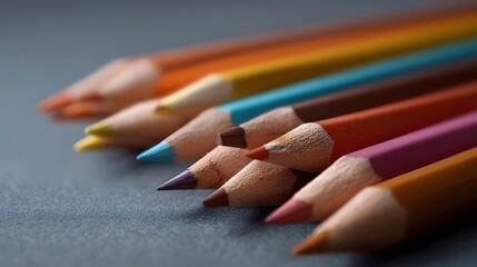 Obraz premium Vibrant row of colored pencils displayed on a neutral surface symbolizing creativity and ic potential