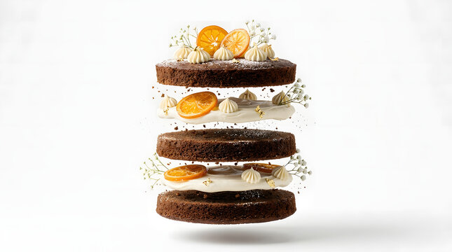 A levitating exploded-view chocolate layer cake with candied orange slices, cream rosettes, baby's breath flowers, and gold leaf accents.