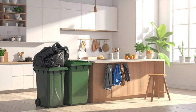 Bright Minimalist Kitchen Interior with Color Coded Trash Bins for Zero Waste Recycling Management