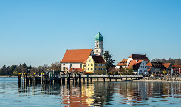 Panorama view of St. Georg Church in Wasserburg at Bodensee in April 2026