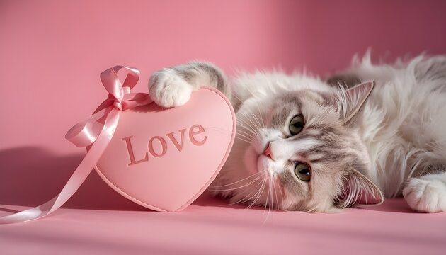 Fluffy cat with pink heart celebrating International Cat Day with affection, warmth, and cozy playful lifestyle indoors