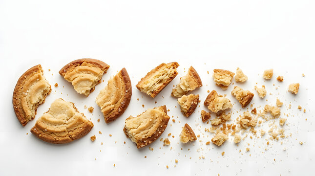 Artisan butter cookies broken apart in a flat lay sequence, revealing a dense, layered, melt-in-mouth sandy crumb texture.