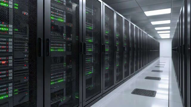 High tech data center server rack aisle with high density equipment and glowing network status