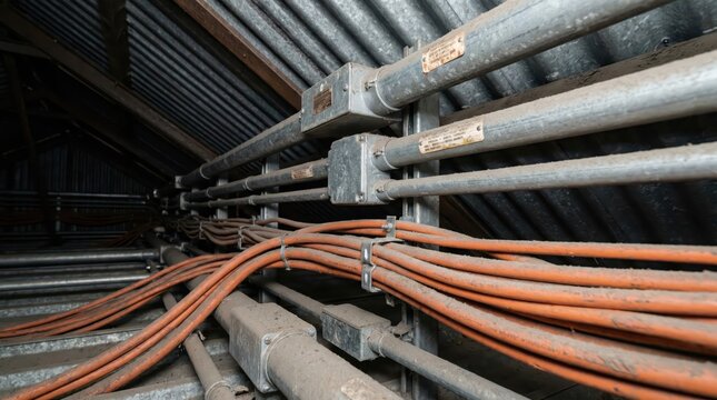 Rooftop electrical conduit orange solar cable routing inside attic space for solar panel maintenance and utility wiring inspection background