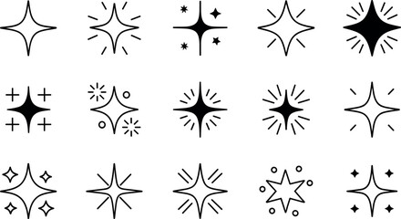 Fototapeta premium Sparkle Star Icons Set Shine Glitter Light Magic Outline Illustration Collection