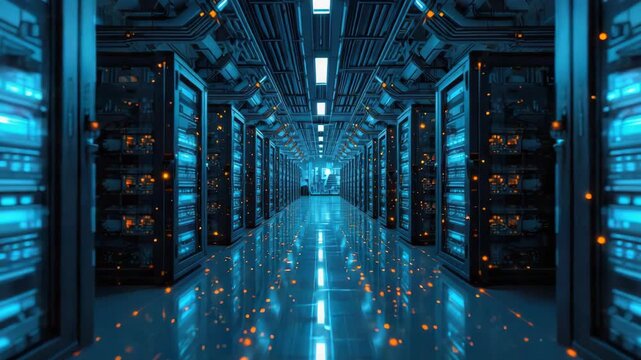 Server data center rack aisle with glowing blue light and floating orange data particles conveying