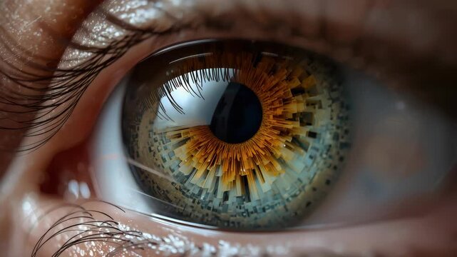 Closed eye eyelash eyelid skin close up golden radial cityscape iris with long dark eyelash