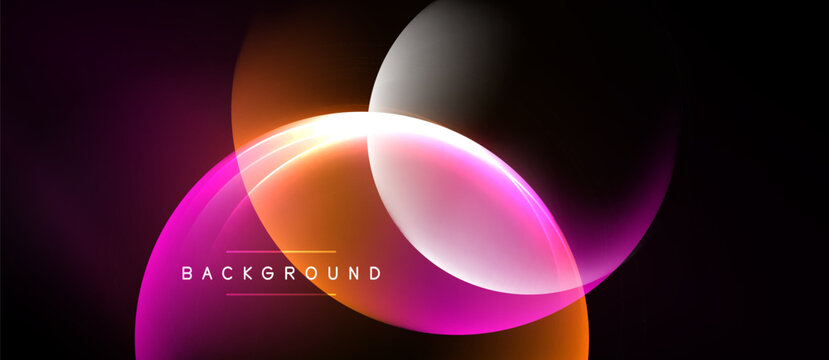 Abstract neon shapes overlap, creating vibrant glow. Dark background emphasizes bright colors, modern design element.