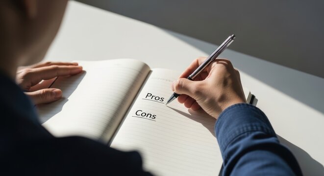 Person writing pros and cons list in notebook with pen, decision making concept.
