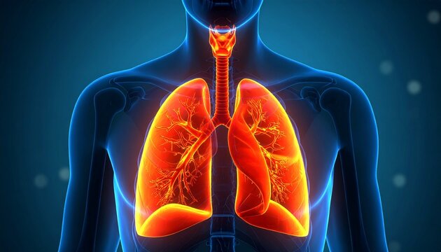 A digital anatomical illustration of lungs and trachea glowing in orange-yellow tones, symbolizing respiration, oxygen exchange, and vitality.