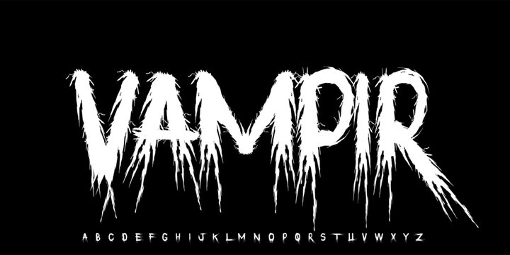 Vampir font. Y2k Dark Lettering tattoo vector type font. Grunge style type font with Gothic Punk Rock and Death Metal signs and symbols. Scary tattoo font 00s concept.	
