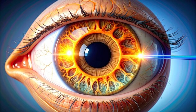 A close-up human eye with fiery orange, yellow, and blue iris radiance, symbolizing vision, energy, and perception.
