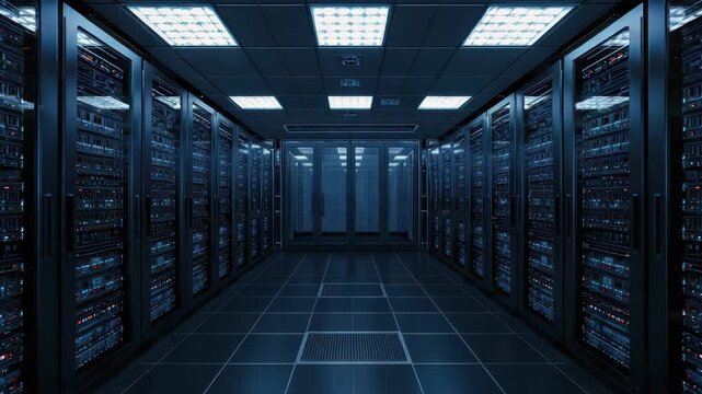 Modern data center aisle with illuminated equipment, server rack row, blue lighting and rack