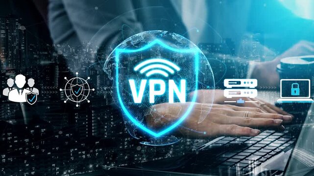 Innovative Digital Concept of VPN Security with Shield and Network Icons over Desktop Background in Modern Cityscape Sigmoid