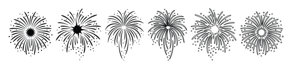 Dynamic black and white fireworks vector set, abstract explosion graphic elements, festive celebration design assets, burst effect illustrations for events and holidays © FlanaDhimkana