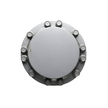 Closeup of a circular metal blind flange with bolts isolated on a white background.