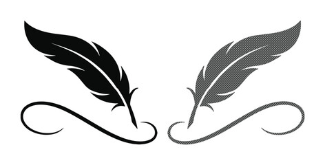 Elegant feather quill pen vector illustration, classic black and gray ink writing instrument icon set, vintage calligraphy and signature design elements for creative projects. © FlanaDhimkana