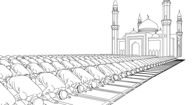 A vast congregation of individuals in traditional white garments prostrates in prayer on a series of mats before a large multi-domed mosque.
