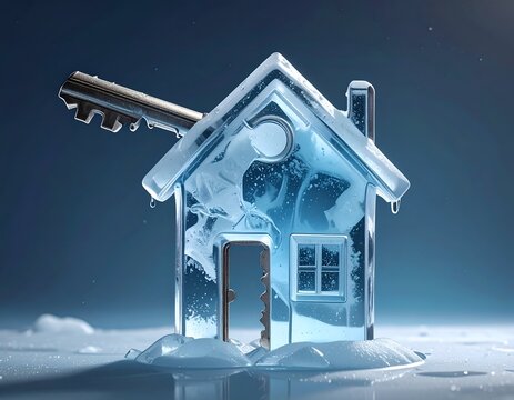 Conceptual 3D render of a small house made of clear ice with a key inserted into it on snow