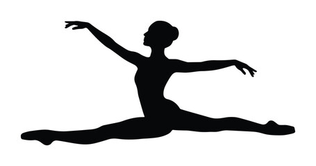 Graceful ballet dancer silhouette, elegant female ballerina performing a split, dynamic dance pose, black vector illustration for performance and art. © FlanaDhimkana