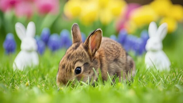 Adorable Easter Bunny Surrounded by Flowers and Decorative Bunnies.