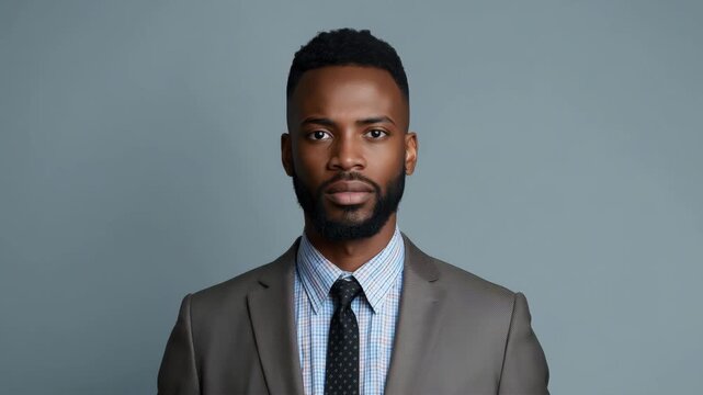 Young man businessman portrait suit and tie confident expression gray backdrop smiling businessman
