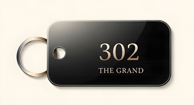 Black Rectangular Hotel Room Key Tag 302 with Gold Ring