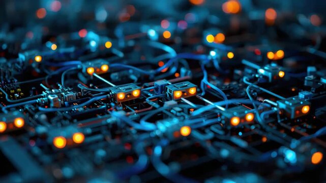 Glowing circuit board blue wiring and orange led lights creating futuristic network ambiance
