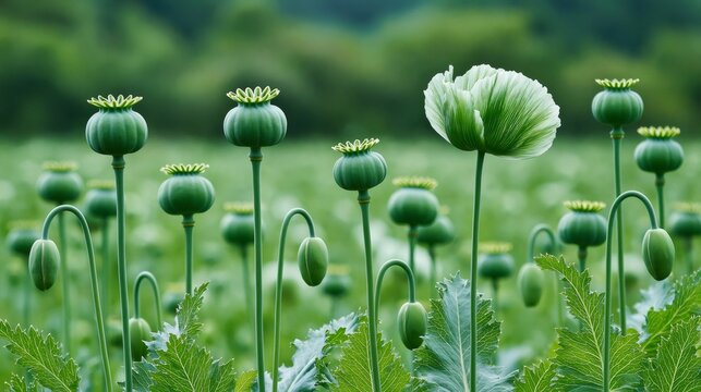 Green poppy field showing opium pods and buds