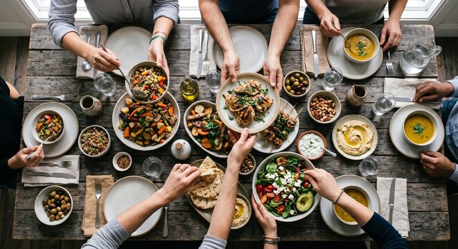 Top down view of hands sharing a beautifully arranged healthy meal on a rustic wooden table.