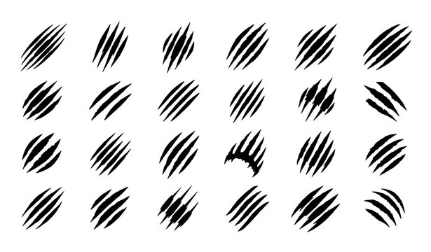 Claw mark scratches vector set with wild animal slash textures in black grunge style isolated on white background