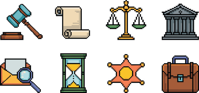 Pixel art law icons set, justice symbols gavel scale courthouse retro game style