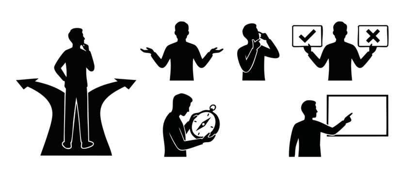 Decision Making Silhouette Icons Set, Business Man Choosing Direction and Analyzing Strategy, Choice Concept with Compass and Checkmark Symbols for Professional Management, Presentation and Problem So