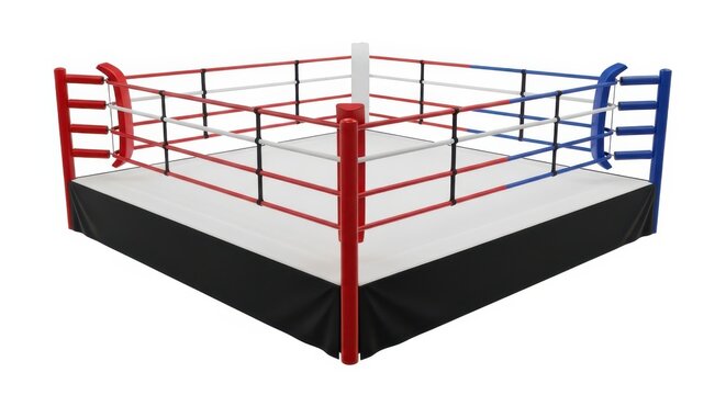 Professional boxing ring with red and blue corner posts isolated on white background