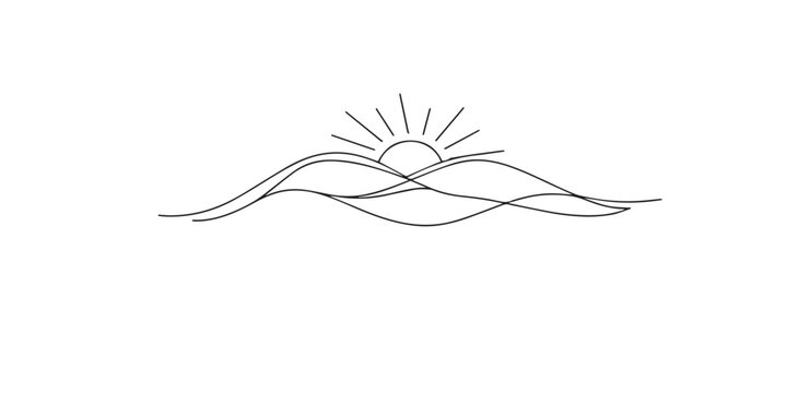 single line abstract sunrise over mountain.continuous line drawing of rising sun and peaks.peaceful landscape concept.minimal modern style.one line vector illustration.