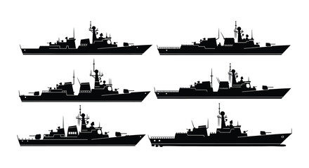 Six black silhouettes of modern naval warships at sea © Begum