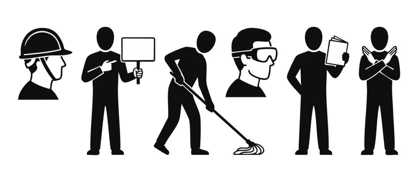Worker icons set, industrial safety and maintenance silhouettes. Professional construction site characters with protective gear, cleaning tasks, and signage for workplace health and safety protocols i