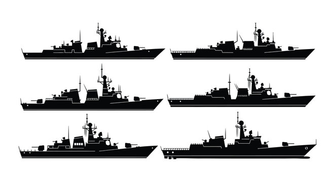 Six black silhouettes of modern naval warships at sea