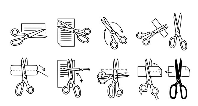 Instructional scissors icons set for paper cutting steps and craft manuals featuring line art diagrams for user guides and DIY creative project documentation