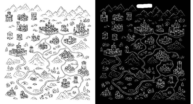 Fantasy map building icons set featuring castles towers and mountain landscapes in line art style for roleplaying game cartography and world building projects