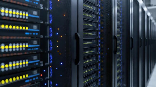 High density server rack data center with glowing status lights, modern network hardware cabinet
