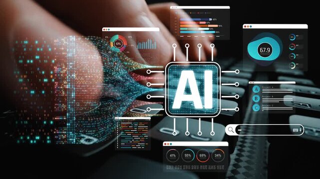 Hands Typing on Keyboard Surrounded by Virtual Data Representations and AI Technology Concepts in Modern Digital Workspace Sigmoid