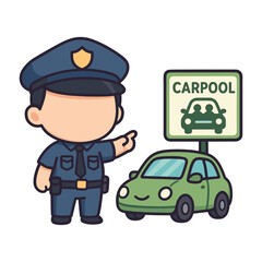 Obraz premium Cartoon police officer pointing at carpool parking sign and car