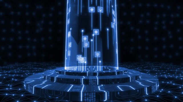 Royal blue color Motion graphic of AI and brain icons floating in digital interface with tech grid  mother board data transfer futuristic plexus design black technology 3D background