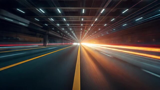 Fast urban tunnel road night motion light ceiling with glowing lane markings and dynamic motion blur