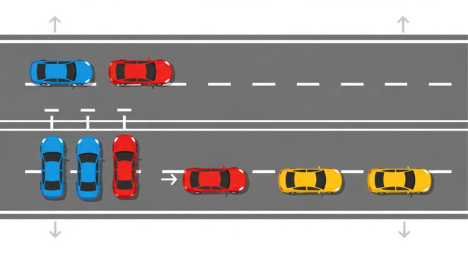 Cars on a multi-lane highway with traffic lanes clearly marked.