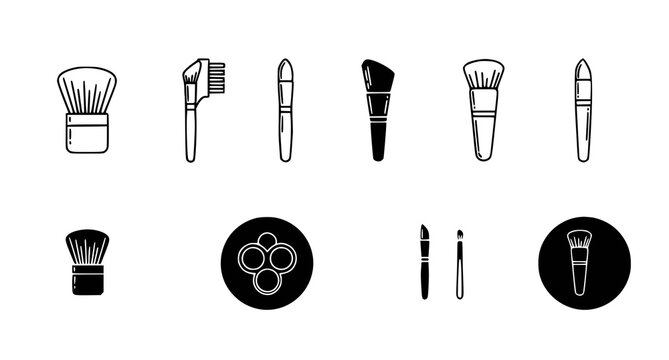 Collection of various makeup brushes and cosmetic tools in minimalist black and white flat vector illustration style for beauty salon and professional makeup branding