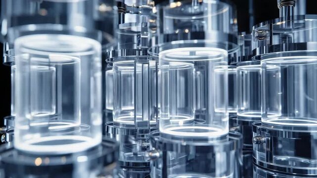 Illuminated transparent glass cylinders close up futuristic laboratory mood transparent laboratory